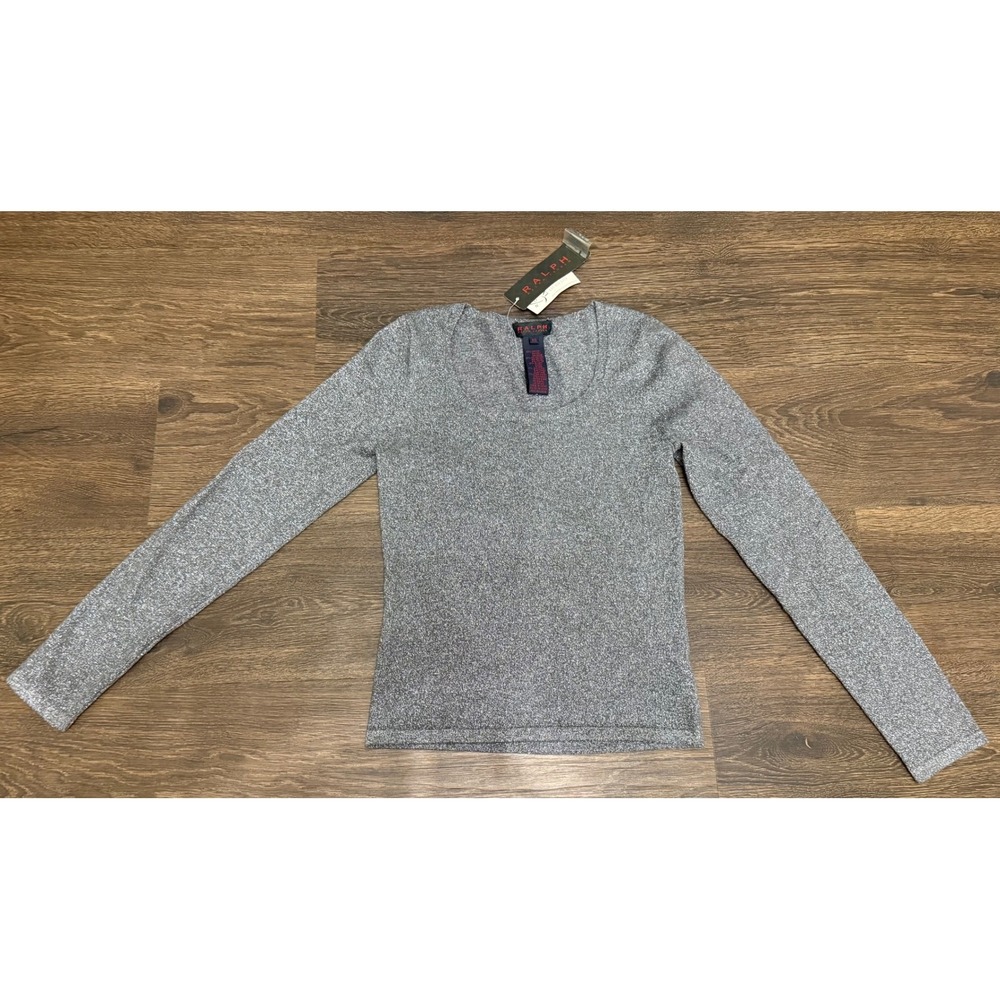 Vintage RALPH Ralph Lauren Metallic Silver Knit Top Women XS NWT Y2K Long Sleeve